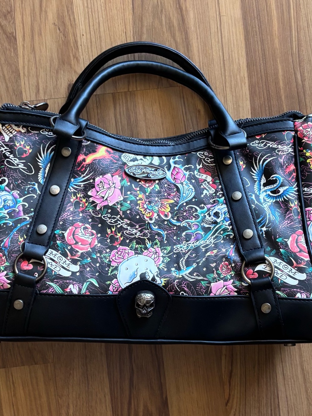 Ed Hardy Black Floral Skull Satchel Bag